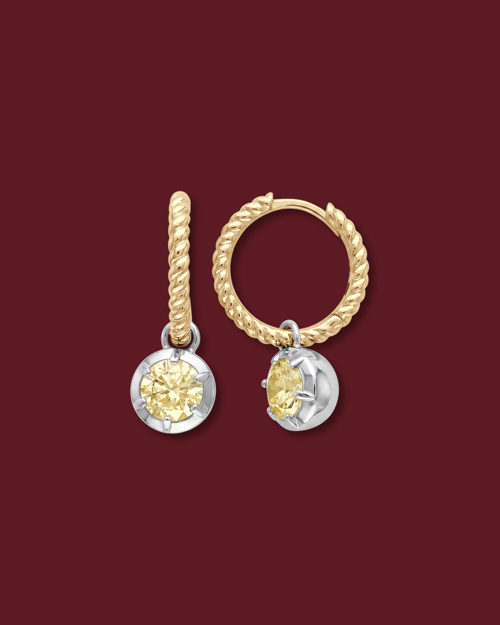 CHANTAL yellow diamond charm earrings with a 14K yellow gold twisted huggie and a 14K white gold charm