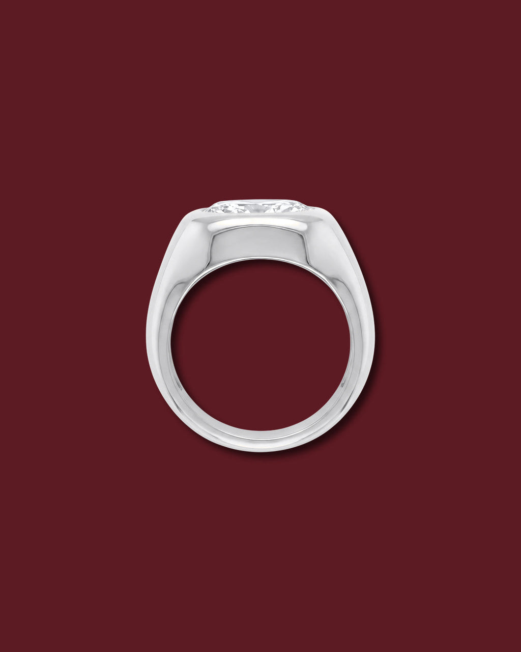 White gold THALIA signet ring seen in profile, showing the marquise flush in the dome