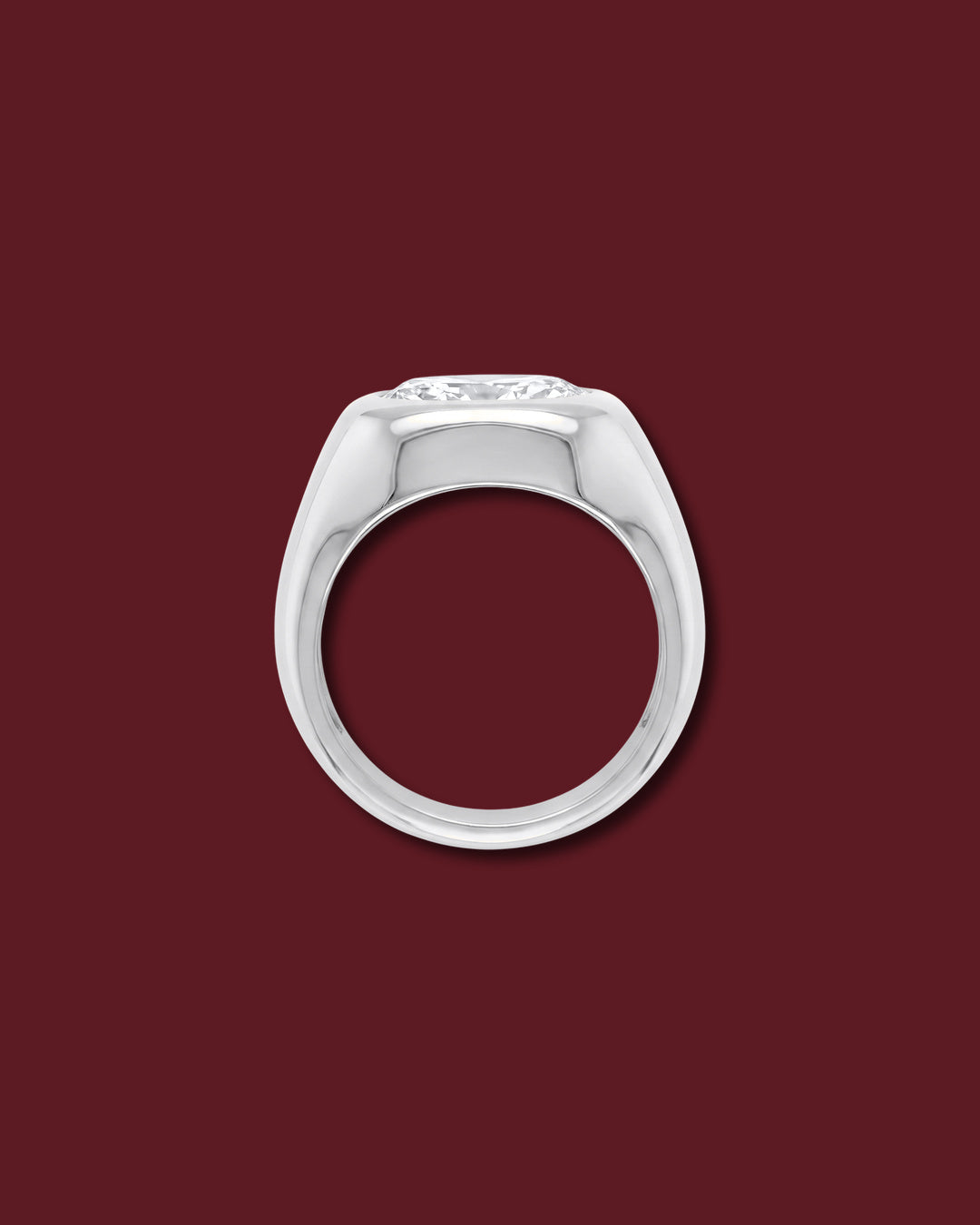 White gold THALIA signet ring seen in profile, showing the marquise flush in the dome